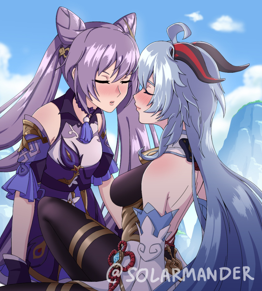 2girls, bare_shoulders, blue_hair, blue_sky, blush, bow, closed_eyes, detached_sleeves