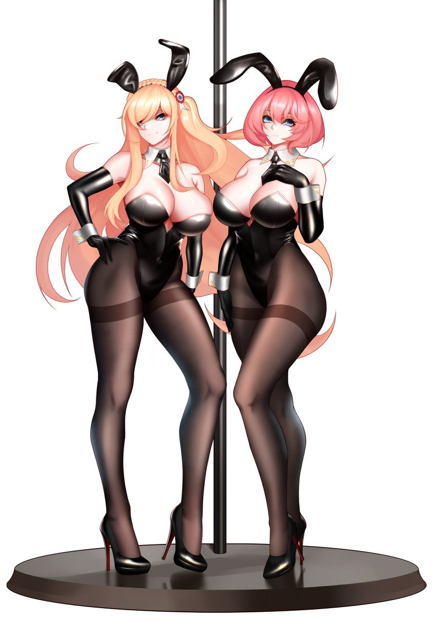 2girls, 893477955, absurdres, animal_ears, between_breasts, black_footwear, black_gloves, black_legwear, black_leotard, black_neckwear, blonde_hair, blue_eyes, braid, breasts, crown_braid, detached_collar, elbow_gloves, fake_animal_ears, gloves, high_heels, highres, large_breasts, leotard, long_hair, multiple_girls, necktie, necktie_between_breasts, pantyhose, playboy_bunny, rabbit_ears, redhead, richelieu_(warship_girls_r), short_hair, standing, strapless, strapless_leotard, thighband_pantyhose, very_long_hair, warship_girls_r, wrist_cuffs