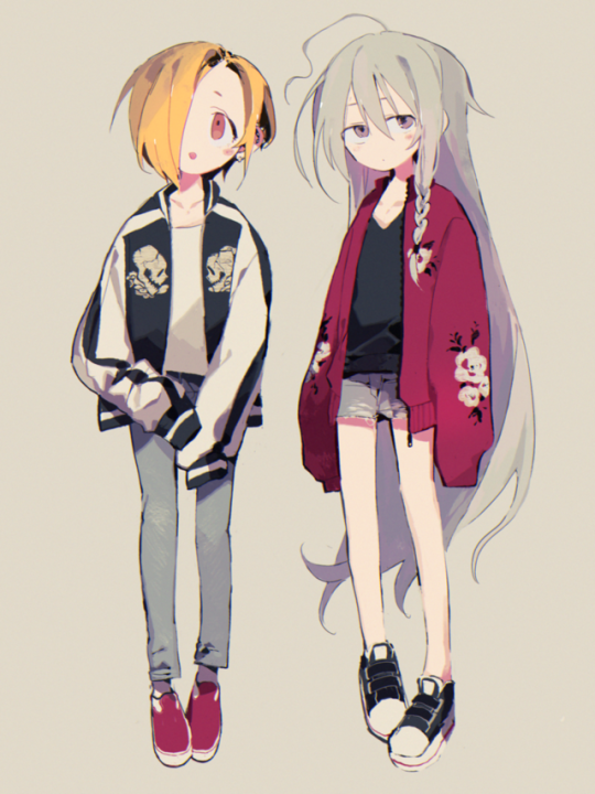2girls, :d, ahoge, arms_at_sides, bangs, bare_legs, beige_background, black_footwear