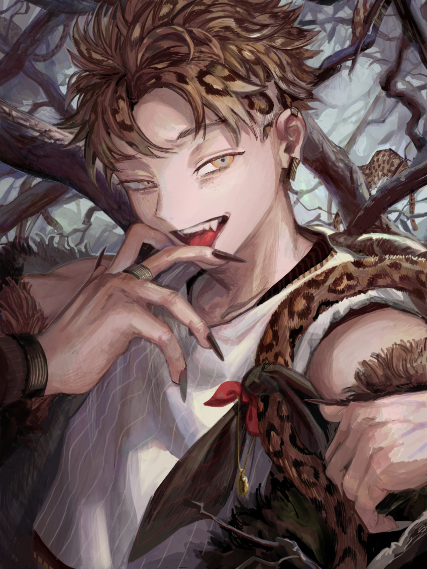 1boy, bare_shoulders, blonde_hair, branch, fingernails, highres, jewelry, leopard_boy