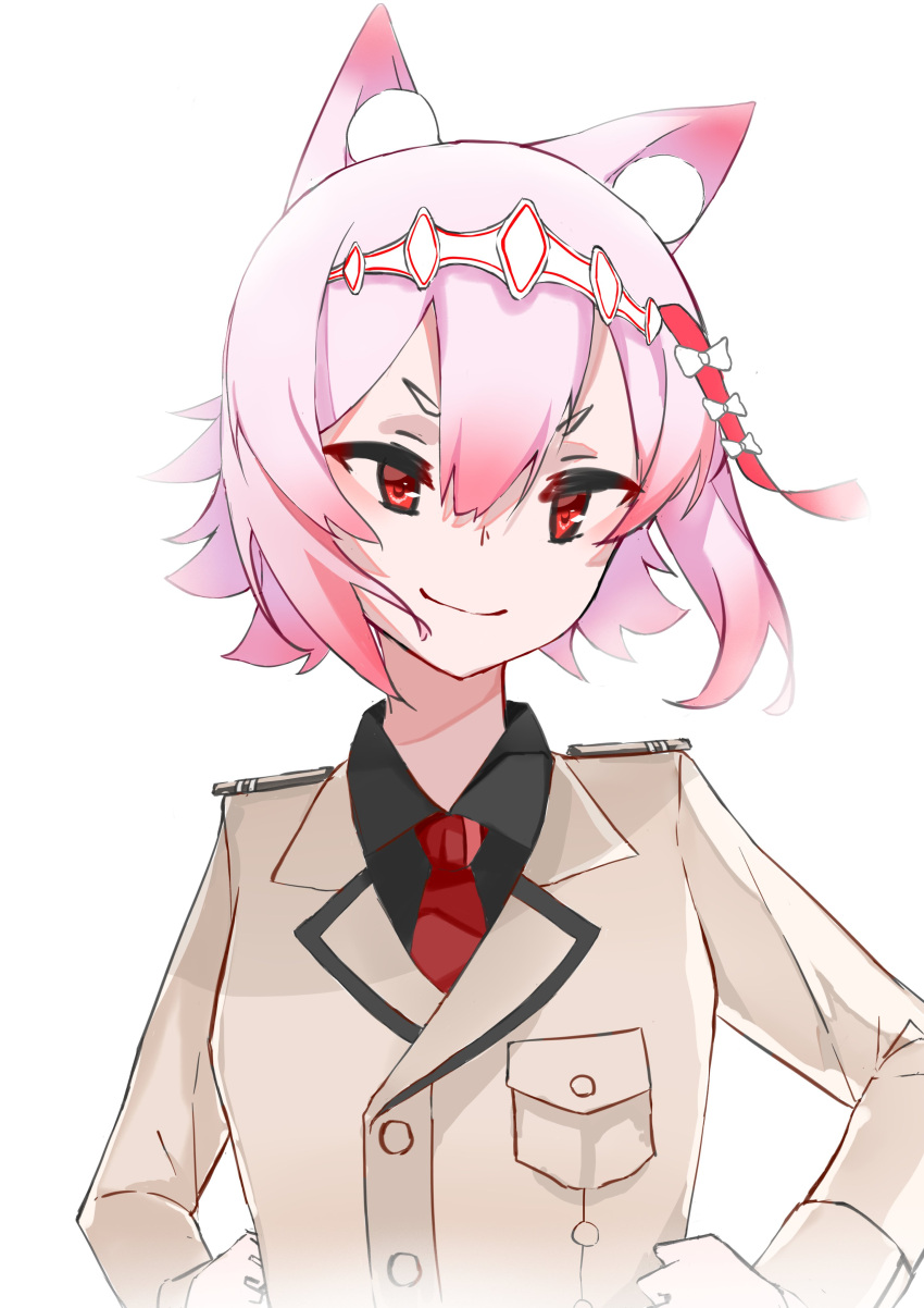 absurdres, alternate_costume, animal_ears, bangs, black_shirt, breasts, diadem, eyes_visible_through_hair, hair_ornament, highres, military, military_uniform, necktie, pink_hair, prik_oo2x, rabbit_ears, red_eyes, red_necktie, ribbon, shirt, short_hair, small_breasts, smile, sumeragi_pal, uniform, wactor_production