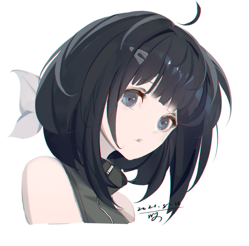 1girl, absurdres, ahoge, arknights, bangs, bare_shoulders, black_hair, blue_eyes