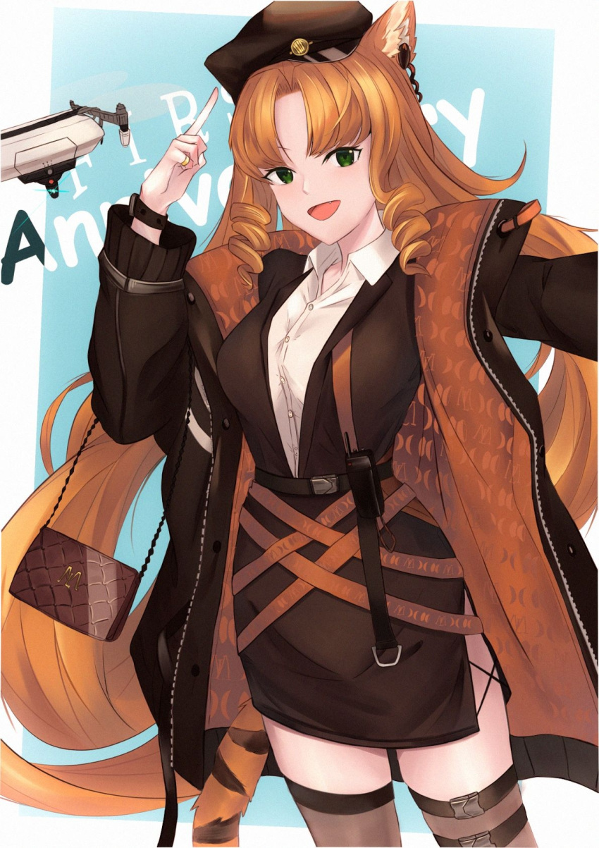 1girl, animal_ears, arknights, autumn_boar, bag, beret, black_headwear, earpiece