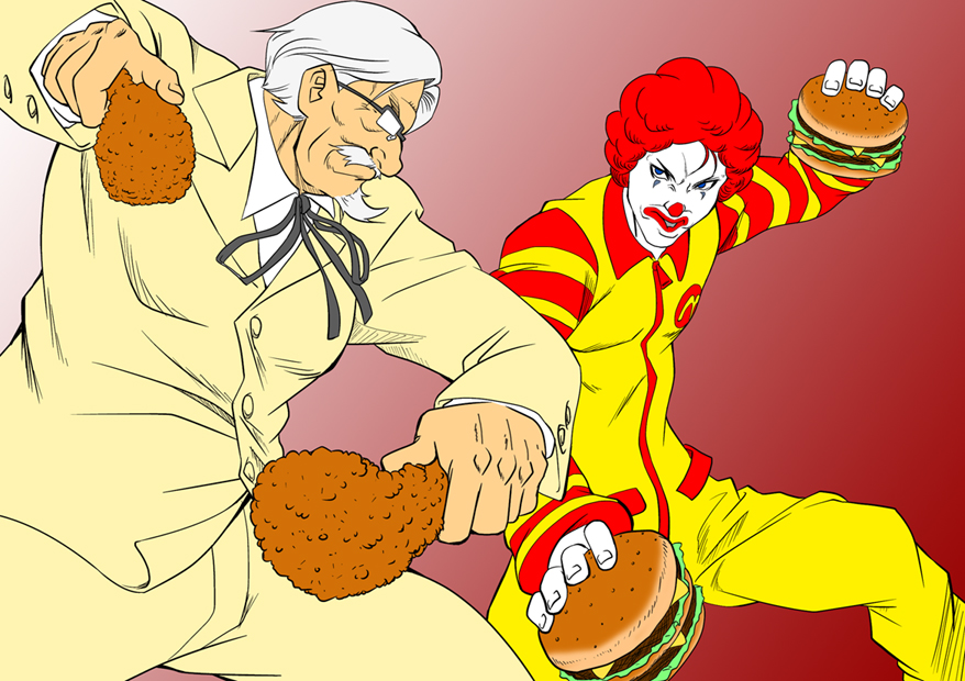 afro, angry, battle, blue_eyes, bouzu_oyaji, burgers, chicken, chicken_(food)