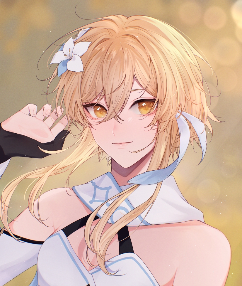 1girl, blonde_hair, face, flower, genshin_impact, hair_between_eyes, hair_flower, hair_ornament