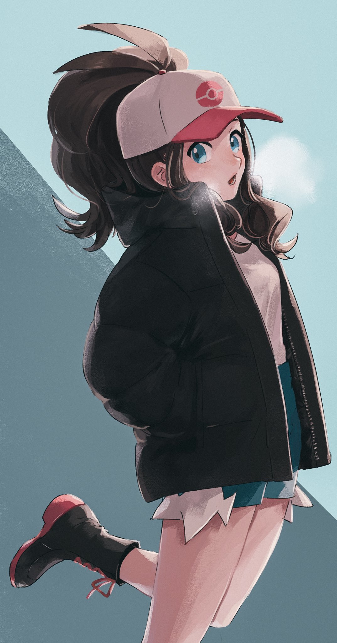 1girl, antenna_hair, baseball_cap, black_footwear, black_jacket, blue_eyes, blush, boots, breath, brown_hair, cold, green_shorts, grey_asa, hat, high_ponytail, highres, hilda_(pokemon), jacket, leg_up, long_hair, looking_at_viewer, open_clothes, open_jacket, open_mouth, pokemon, pokemon_(game), pokemon_bw, shirt, shorts, sidelocks, solo, white_shirt