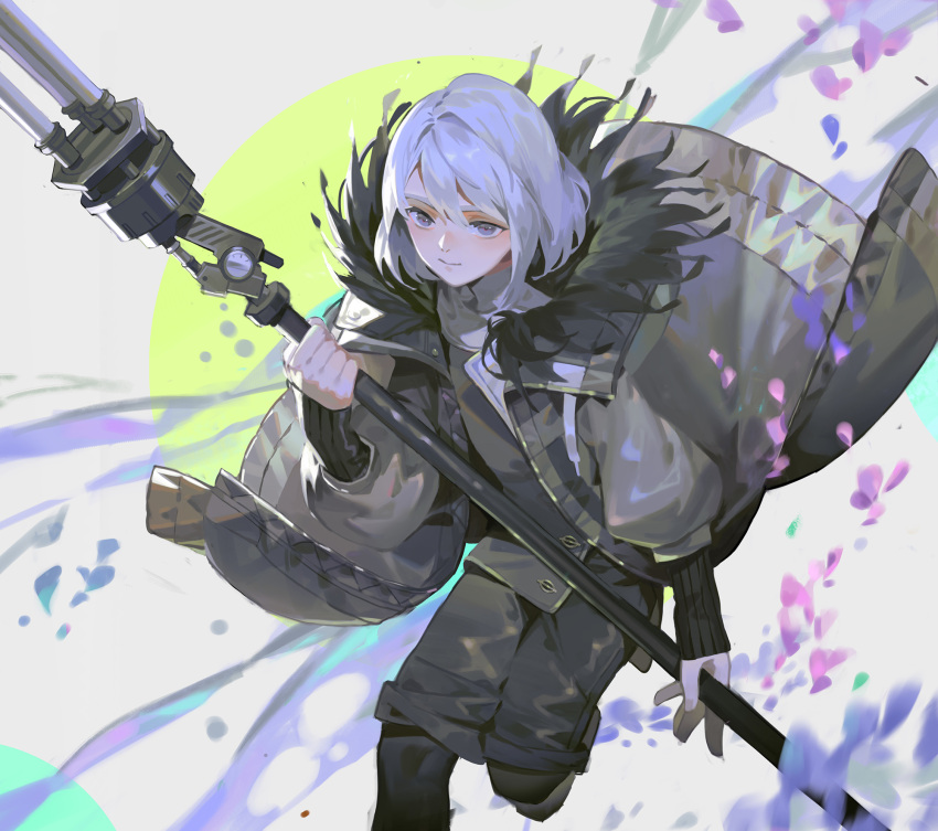 1boy, grey_eyes, highres, holding, holding_weapon, long_sleeves, looking_at_viewer, male_focus, medium_hair, nier_(series), nier_reincarnation, rion_(nier), sawana, smile, solo_focus, staff, weapon, white_hair