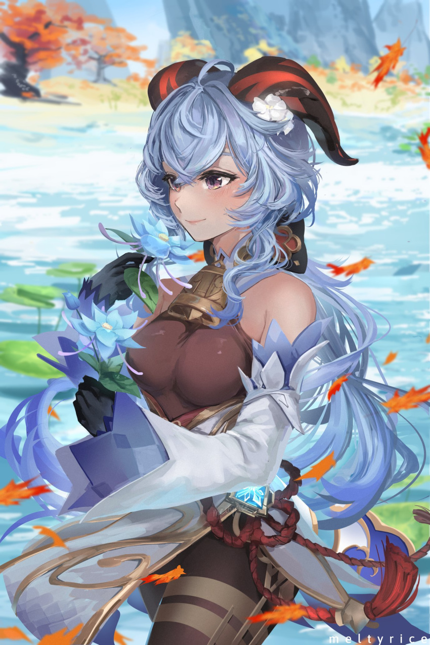 ahoge, bangs, bare_shoulders, bell, black_legwear, blue_hair, bow, bowtie