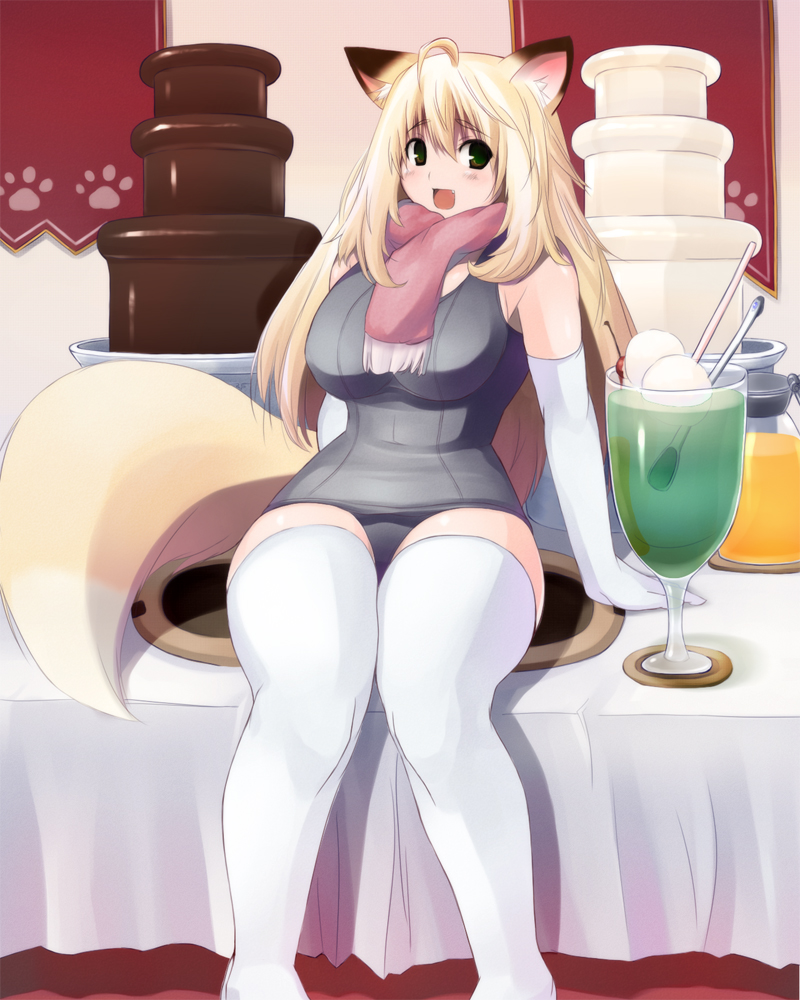animal_ears, blonde_hair, blush, breasts, cherry, curvy, elbow_gloves, fang