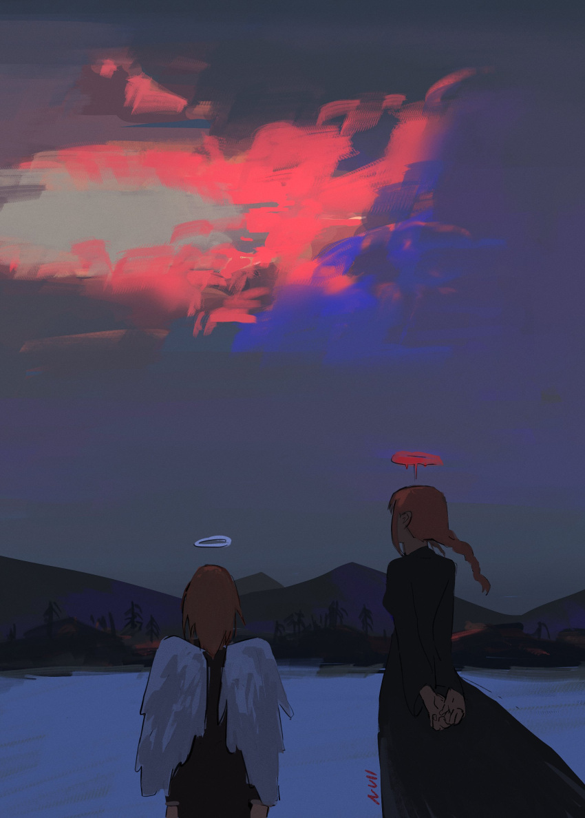 1boy, 1girl, absurdres, angel, angel_devil_(chainsaw_man), angel_wings, arms_behind_back, back