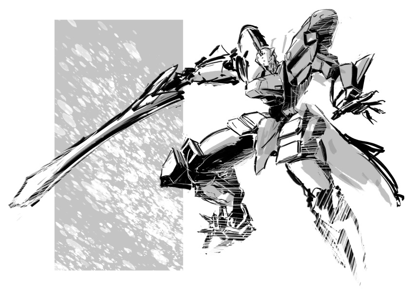 airborne, greyscale, highres, holding, holding_sword, holding_weapon, j-10_(muvluv), kawasemi_alter