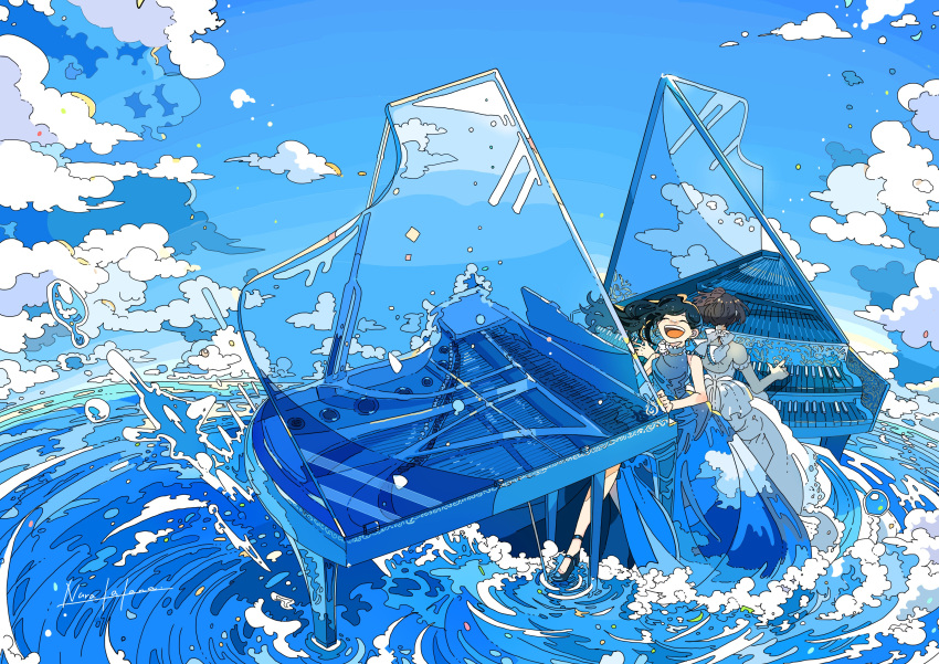 2girls, absurdres, black_hair, blue_sky, bubble, clouds, dress, highres