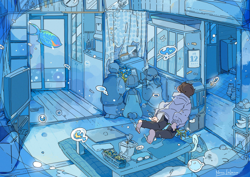 2boys, 2girls, family, fish, flower, highres, husband_and_wife, indoors