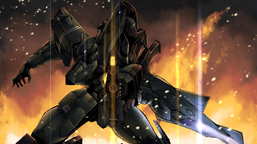 blue_eyes, extra_eyes, f-22a_raptor_(muvluv), fire, glowing, glowing_eyes, gun, highres