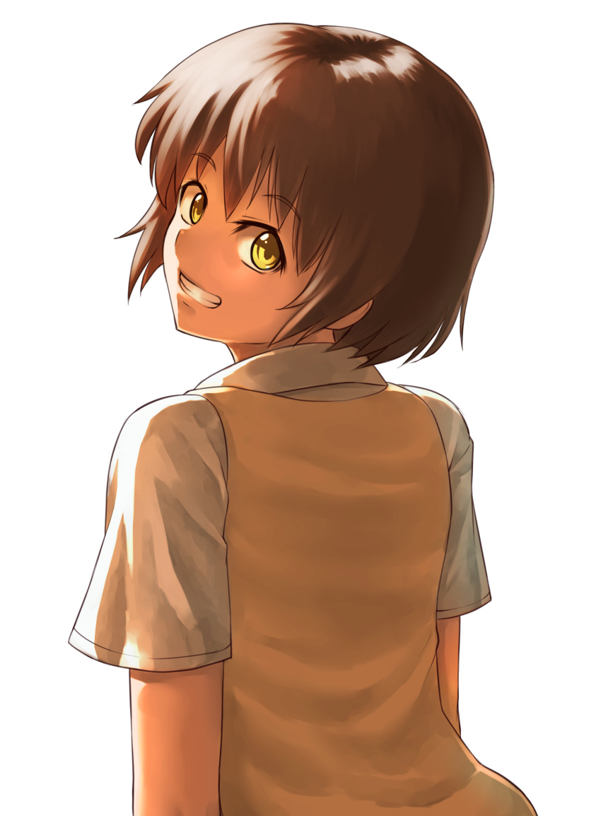 1girl, brown_eyes, brown_hair, highres, kaminagi_ryouko, looking_at_viewer, looking_back, ranma_(kamenrideroz)