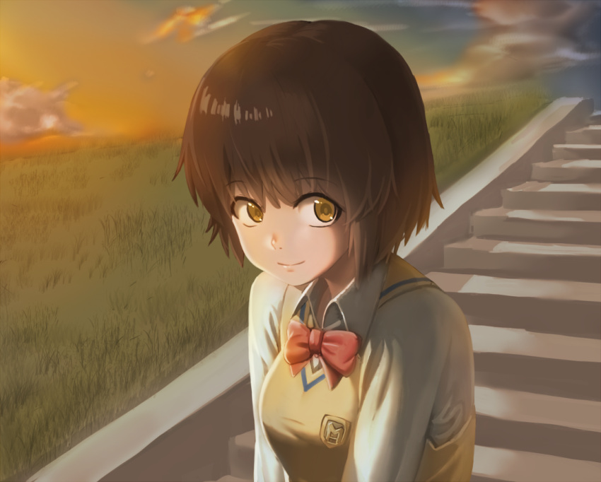 1girl, breasts, brown_eyes, brown_hair, closed_mouth, clouds, grass, kaminagi_ryouko, looking_at_viewer, outdoors, ranma_(kamenrideroz), school_uniform, short_hair, smile, solo, stairs, sweater_vest, zegapain