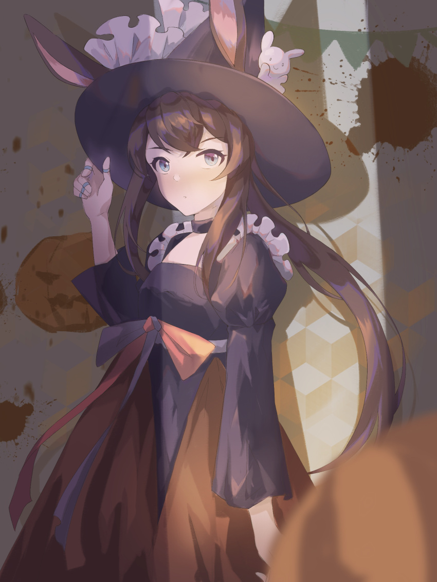 1girl, alternate_costume, amiya_(arknights), arknights, black_dress, black_headwear, blood, blood_splatter