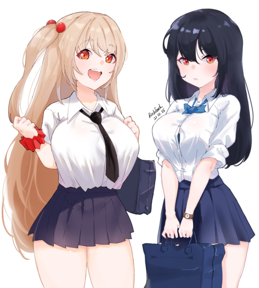 2girls, amphitrite_(last_origin), bag, bangs, black_hair, blonde_hair, breasts, dated