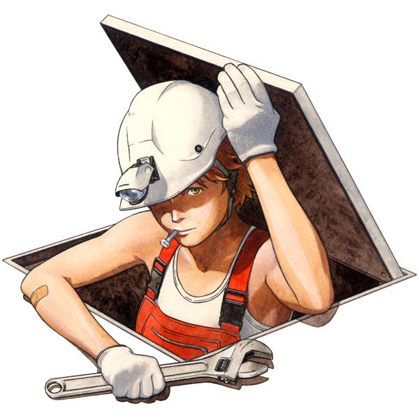 1girl, bandaid, bolt, gloves, hardhat, helmet, nakada_daisuke, overalls, solo, t-shirt, trap_door, wrench