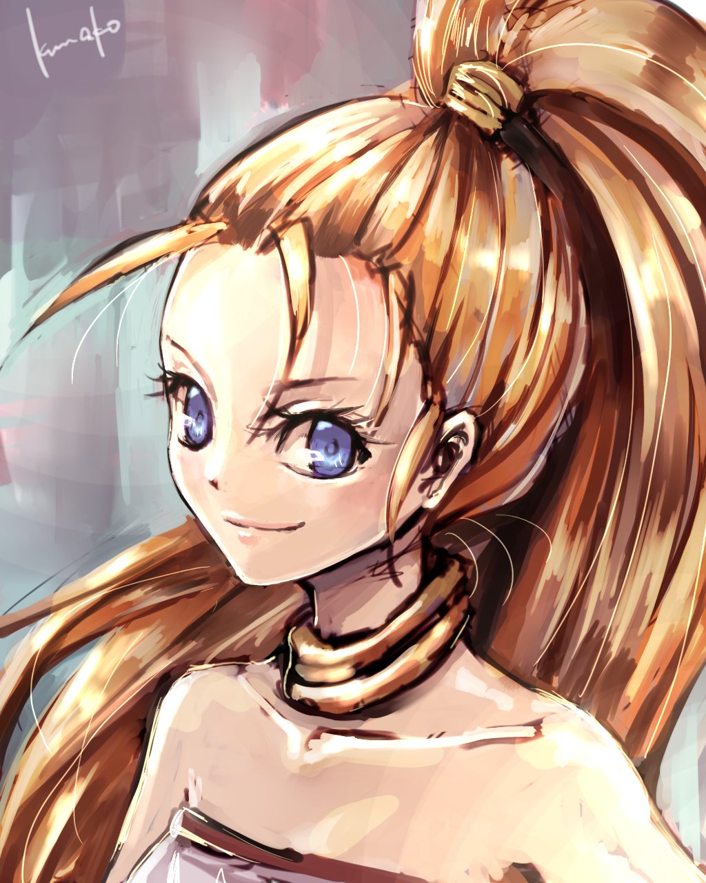 1girl, bare_shoulders, blonde_hair, blue_eyes, chrono_trigger, closed_mouth, highres, long_hair