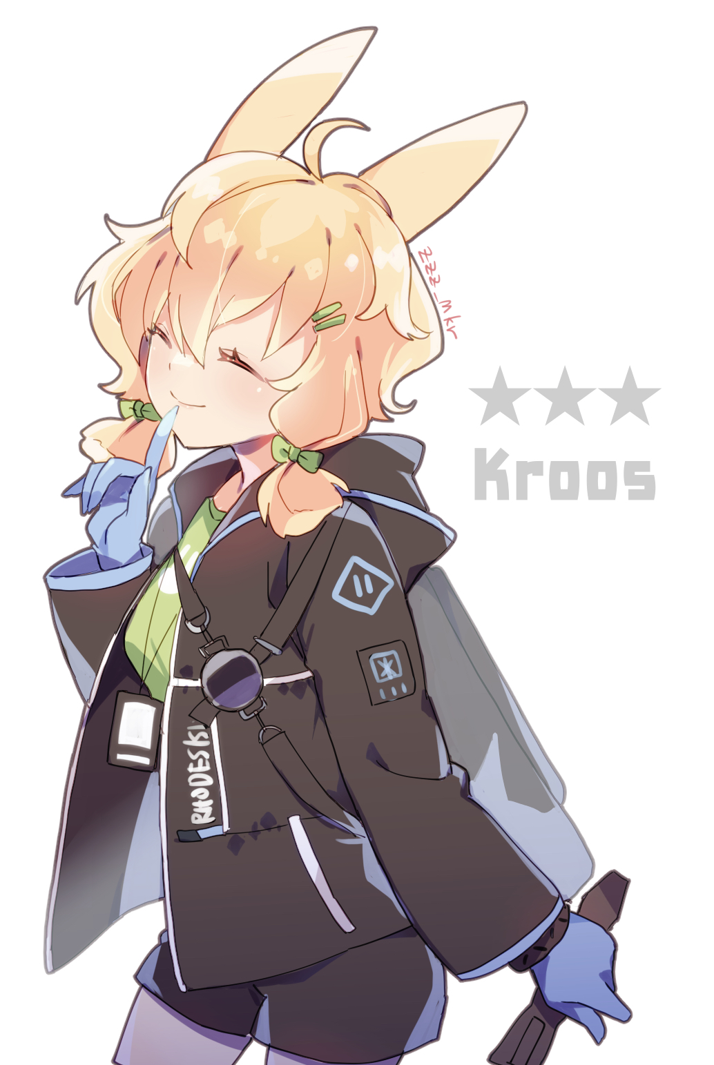 1girl, ahoge, animal_ears, arknights, black_jacket, black_shorts, blue_gloves, bow, character_name, closed_eyes, commentary, cowboy_shot, gloves, green_bow, green_shirt, hair_bow, hair_ornament, hairclip, highres, holding, hoshitabell, jacket, kroos_(arknights), open_clothes, open_jacket, orange_hair, rabbit_ears, shirt, short_hair, short_twintails, shorts, simple_background, smile, solo, twintails, white_background