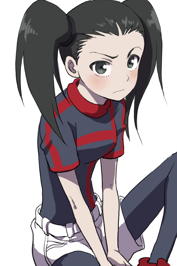 1girl, black_eyes, black_hair, blush, breasts, closed_mouth, denim, gakuen_senki_muryou, long_hair, looking_at_viewer, moriyama_nayuta, pantyhose, shorts, simple_background, solo, twintails, white_background, yamamoto_souichirou