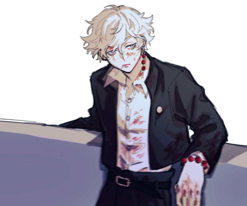 1boy, brumouss, closed_mouth, earrings, eyelashes, hair_over_one_eye, highres, imaushi_wakasa, jewelry, looking_at_viewer, magatama, magatama_earrings, male_focus, painterly, single_earring, solo, tokyo_revengers, upper_body, violet_eyes, white_hair