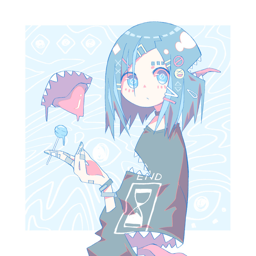 1girl, blue_eyes, blue_hair, candy, disembodied_mouth, extra_mouth, food, hair_ornament