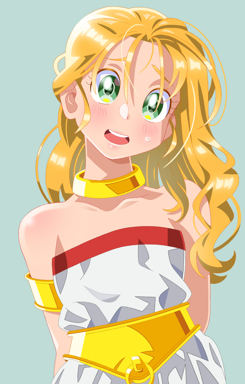 1girl, armlet, blonde_hair, breasts, choker, chrono_trigger, green_eyes, hair_down