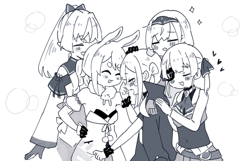 5girls, animal_ears, closed_eyes, covered_navel, crown, crying, don-chan_(usada_pekora), eyebrows_visible_through_hair
