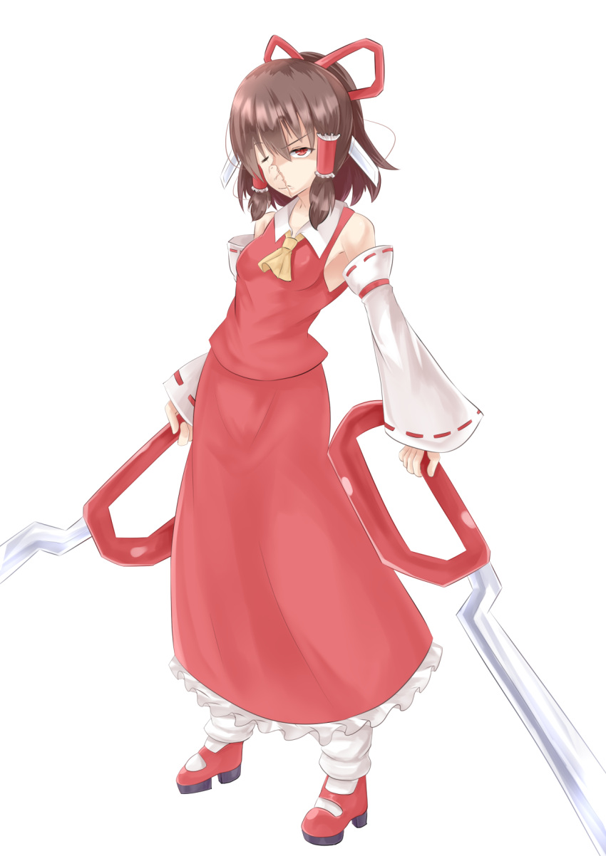 1girl, 833_(cookie), ascot, bangs, breasts, broken_mask, brown_hair, closed_mouth
