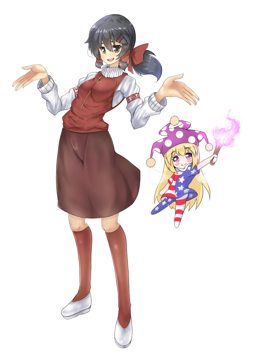 american_flag, american_flag_dress, american_flag_legwear, bangs, black_eyes, black_hair, blonde_hair, blush