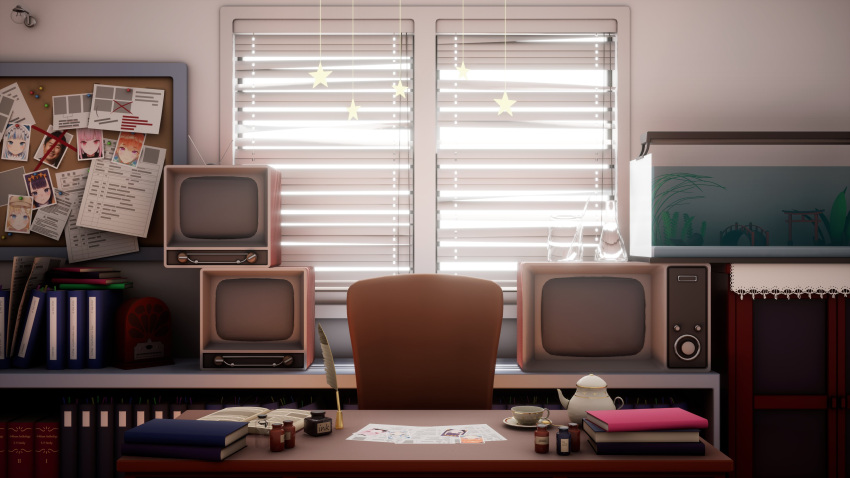 3d, absurdres, backlighting, beaker, binarka, blinds, book, book_stack, bookshelf, bottle, bulletin_board, cabinet, chair, crossed_out, crt, cup, doily, erlenmeyer_flask, fish_tank, flask, folder, gawr_gura, highres, hololive, hololive_english, indoors, ink_bottle, irys_(hololive), mori_calliope, mug, newspaper, ninomae_ina'nis, no_humans, open_book, paper, photo_(object), quill, radio, saucer, star_(symbol), still_life, sunlight, tablecloth, takanashi_kiara, teacup, teapot, television, thumbtack, unreal_(medium), vial, watson_amelia, window