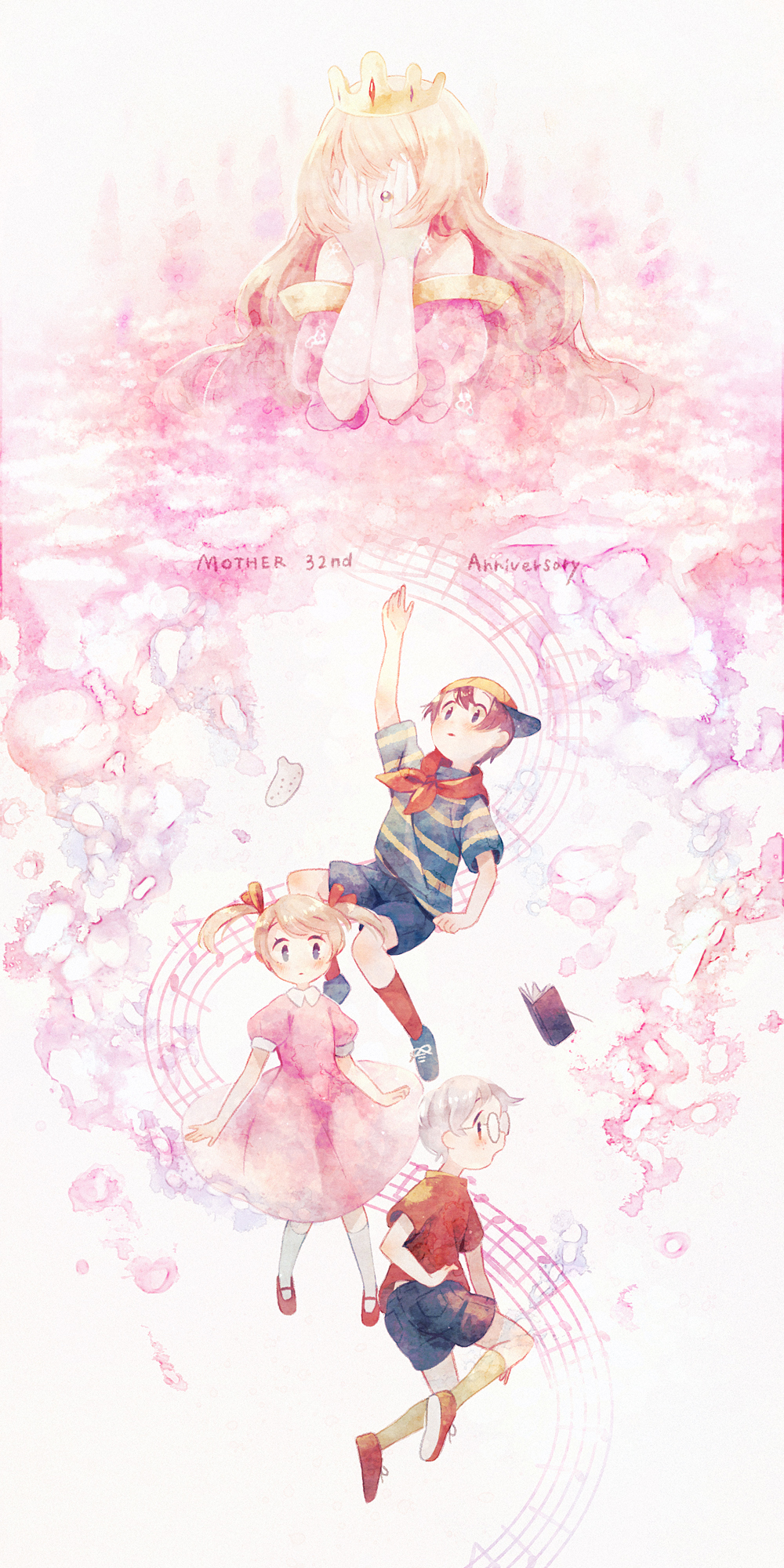 2boys, 2girls, ana_(mother), baseball_cap, black_hair, blonde_hair, crown, dress
