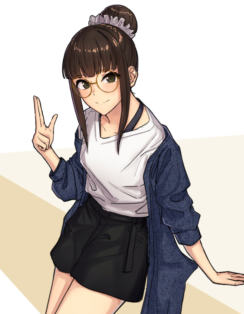 1girl, alternate_costume, bangs, bespectacled, black_hair, black_shorts, blue_jacket, blunt_bangs, commission, glasses, hair_bun, hair_ornament, hair_scrunchie, hamaguchi_ayame, highres, idolmaster, idolmaster_cinderella_girls, jacket, jacket_partially_removed, kuji-in, looking_at_viewer, miso_unagi, ninja, open_clothes, open_jacket, scrunchie, shirt, shorts, skeb_commission, smile, solo, white_shirt