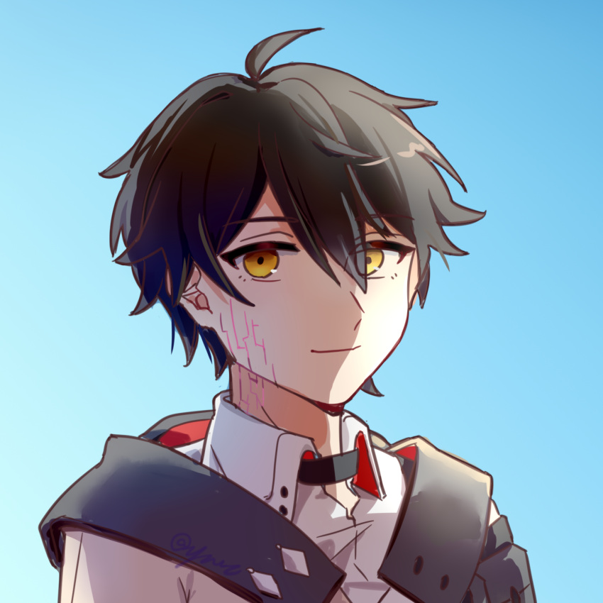 1boy, bangs, black_hair, blue_sky, brown_coat, brown_eyes, close-up, closed_mouth