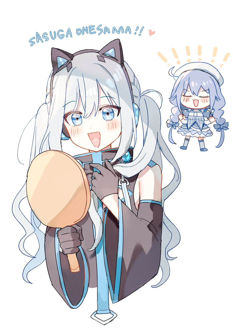 !, !!, 2girls, :d, black_dress, black_gloves, blue_dress, blue_hair