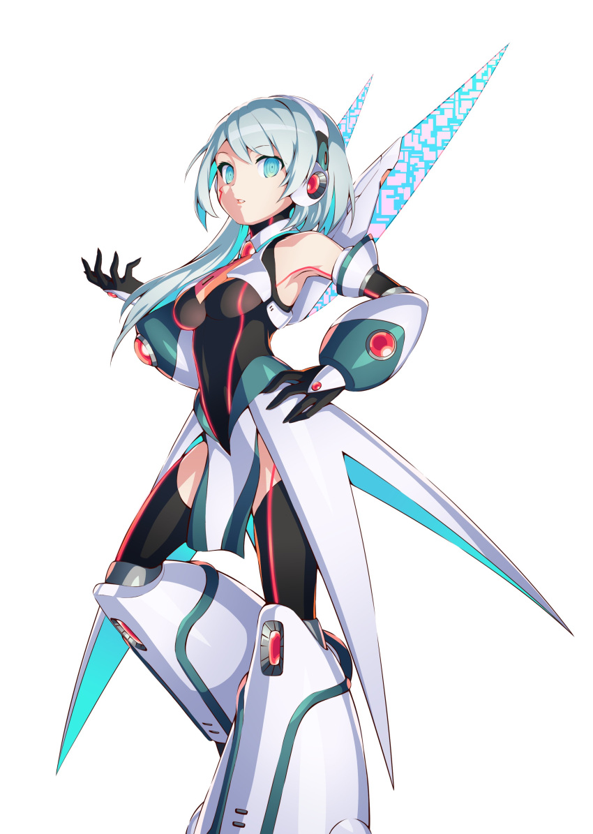 1girl, absurdres, android, artist_request, black_gloves, blue_eyes, breasts, gloves