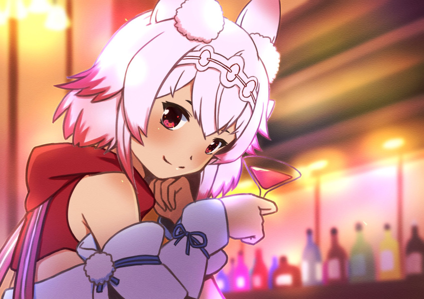 1girl, animal_ear_fluff, animal_ears, bangs, bare_shoulders, blush, cup, detached_sleeves