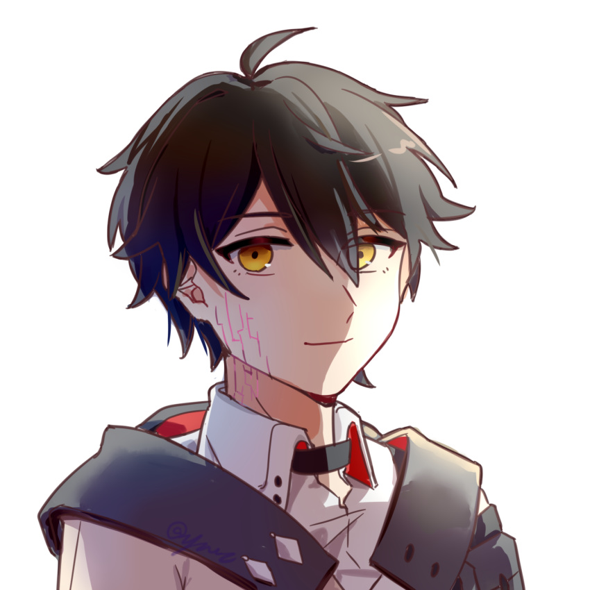 1boy, bangs, black_hair, brown_coat, brown_eyes, close-up, closed_mouth, coat
