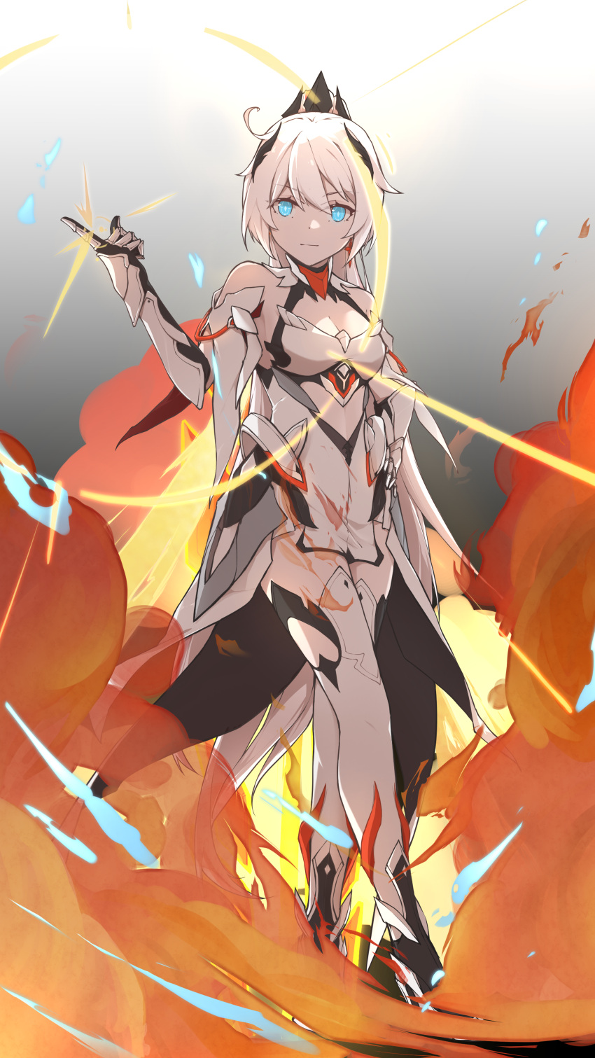 1girl, absurdres, armor, bangs, bare_shoulders, blue_eyes, boots, closed_mouth