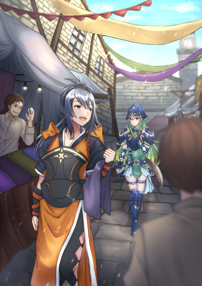 2boys, 2girls, absurdres, armor, bangs, blue_eyes, blue_hair, blue_sky