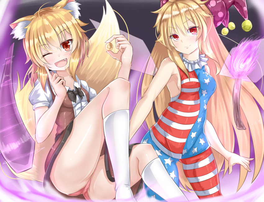 2girls, :d, ;d, ahoge, american_flag_legwear, american_flag_shirt, animal_ears, bangs