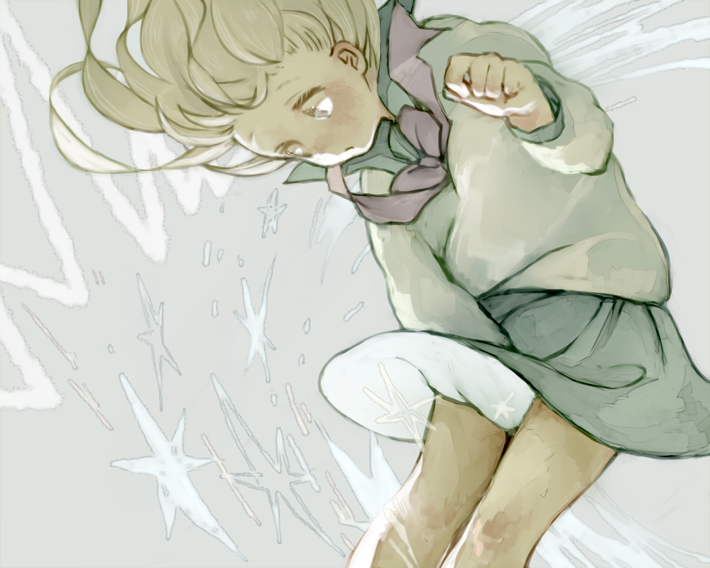 1girl, blonde_hair, blush, feet_out_of_frame, grey_background, grey_skirt, hand_up, hanio3