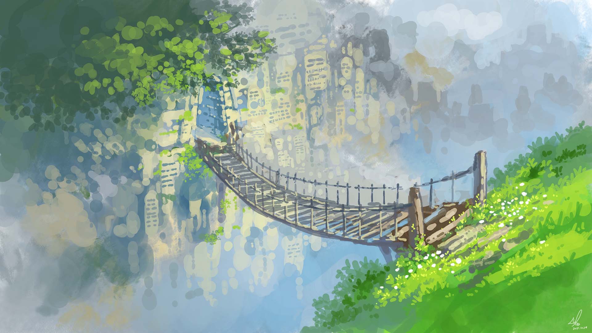 architecture, blue_sky, bridge, building, city, flower, grass, highres