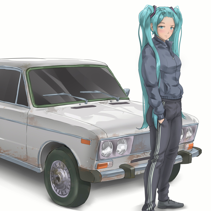 1girl, absurdres, alternate_costume, alternate_hairstyle, aqua_hair, blue_eyes, car, closed_mouth