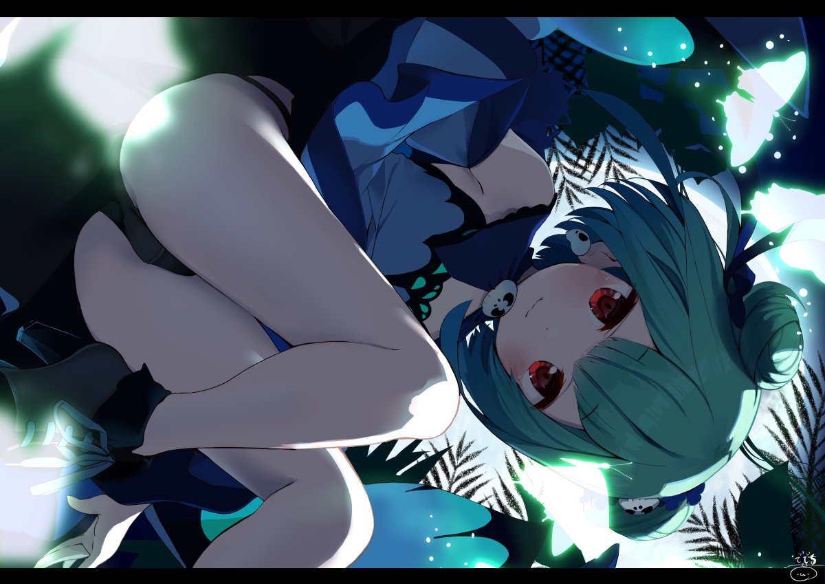 1girl, :3, animal_print, ankle_boots, ass, black_panties, blue_dress, blue_sleeves