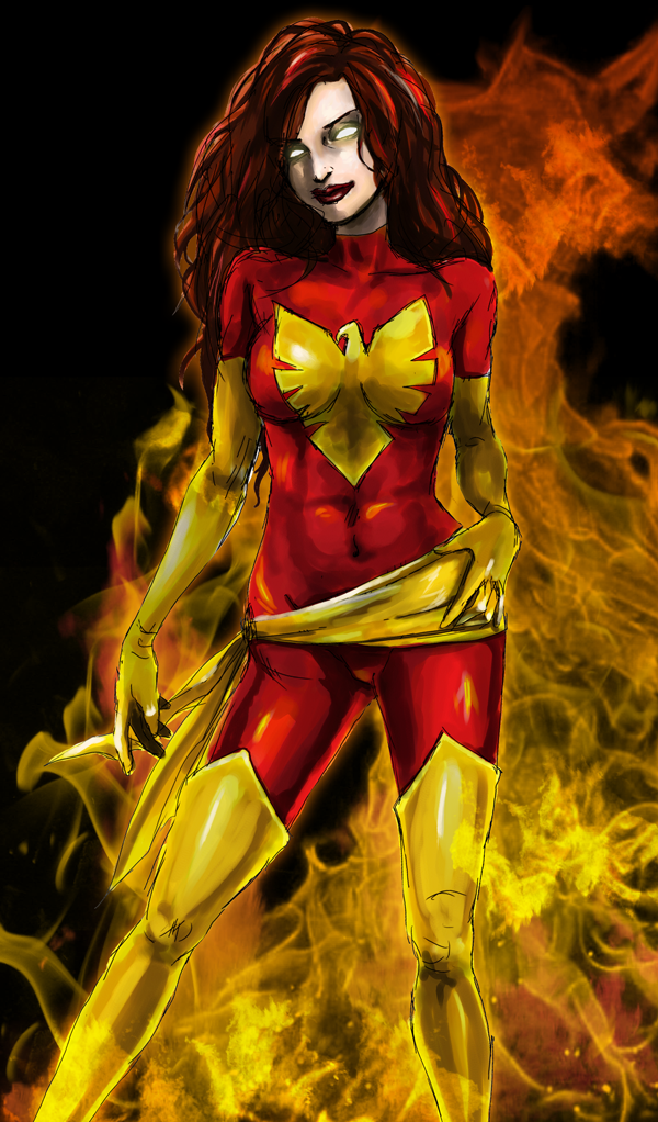 bodysuit, dark_phoenix, female, fire, glowing_eyes, jean_grey, laura_(pixiv66597), lipstick