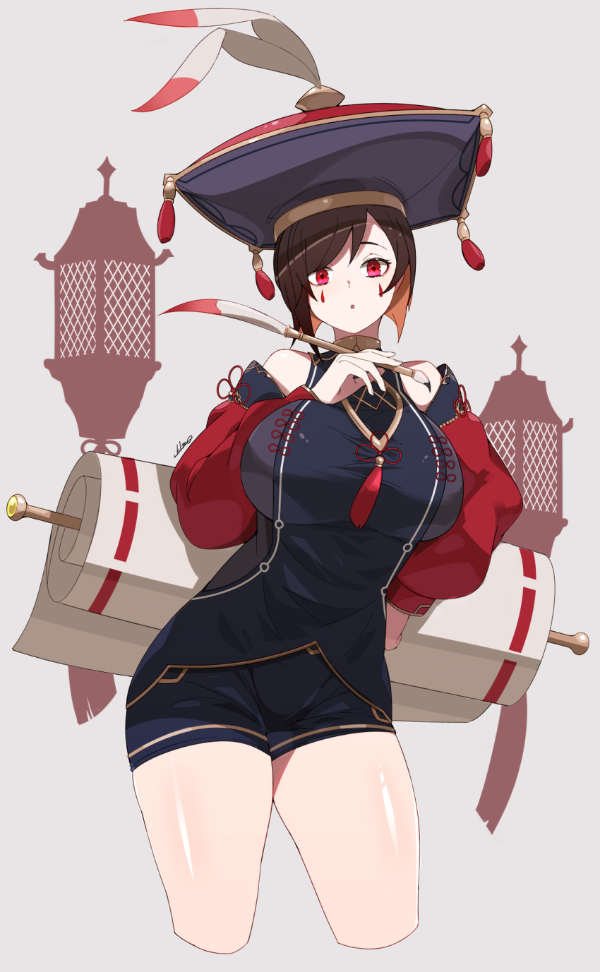 1girl, bangs, black_dress, black_shorts, breast_suppress, breasts, brown_hair, china_dress, chinese_clothes, commentary, cowboy_shot, cropped_legs, curvy, detached_sleeves, dress, facepaint, flower_knot, gold_trim, grey_background, guardian_tales, hand_on_hip, hat, hat_feather, highres, holding, holding_paintbrush, lantern, large_breasts, looking_at_viewer, paintbrush, parted_lips, red_eyes, scrivener_lahn, scroll, short_hair, short_shorts, shorts, shorts_under_dress, signature, simple_background, solo, swept_bangs, tassel, thighs, ub1mo