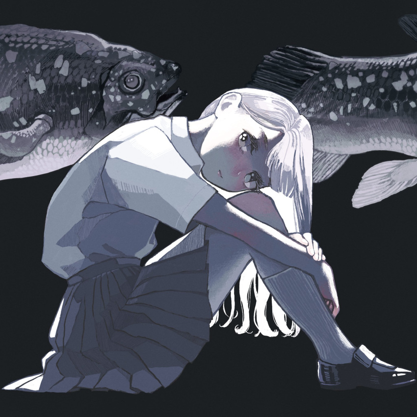 1girl, bangs, black_background, black_footwear, coelacanth, collared_shirt, fish, full_body